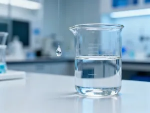 Pracownik budowlany w kasku maluje wałkiem elewację domu z rusztowania na tle błękitnego nieba.
