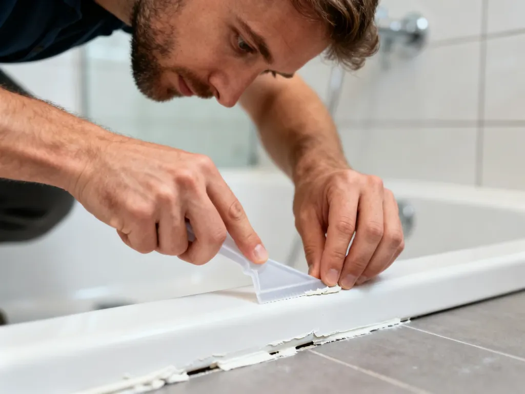 Mężczyzna usuwa stary silikon z krawędzi brodzika za pomocą plastikowego skrobaka w nowoczesnej łazience.